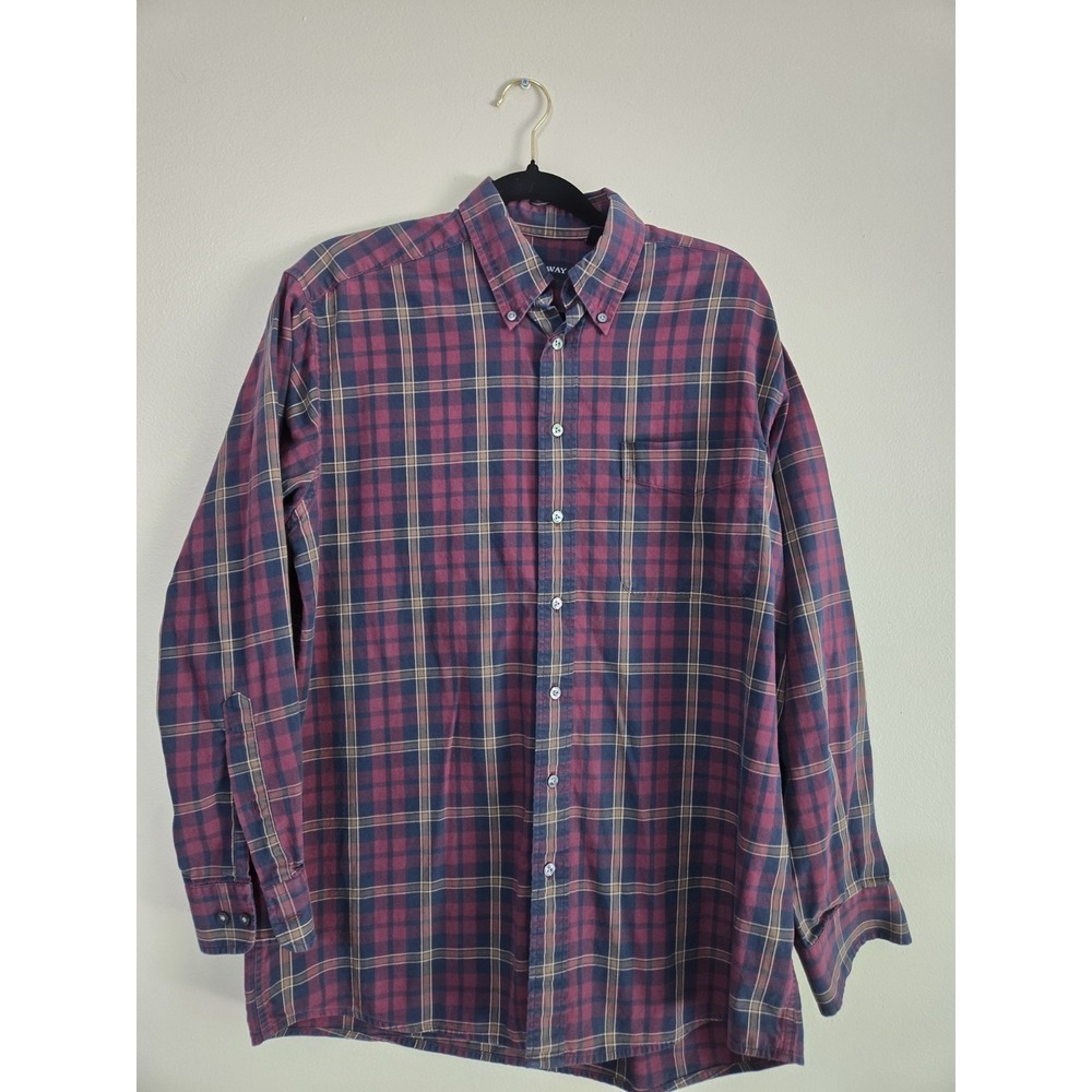 Men's Hathaway Navy Plaid Button Long Sleeve Shirt Size M Heavy